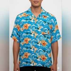 Cherokee Waikiki Wear Large Blue Rayon Hawaiian Shirt Tropical Hibiscus Retro 90
